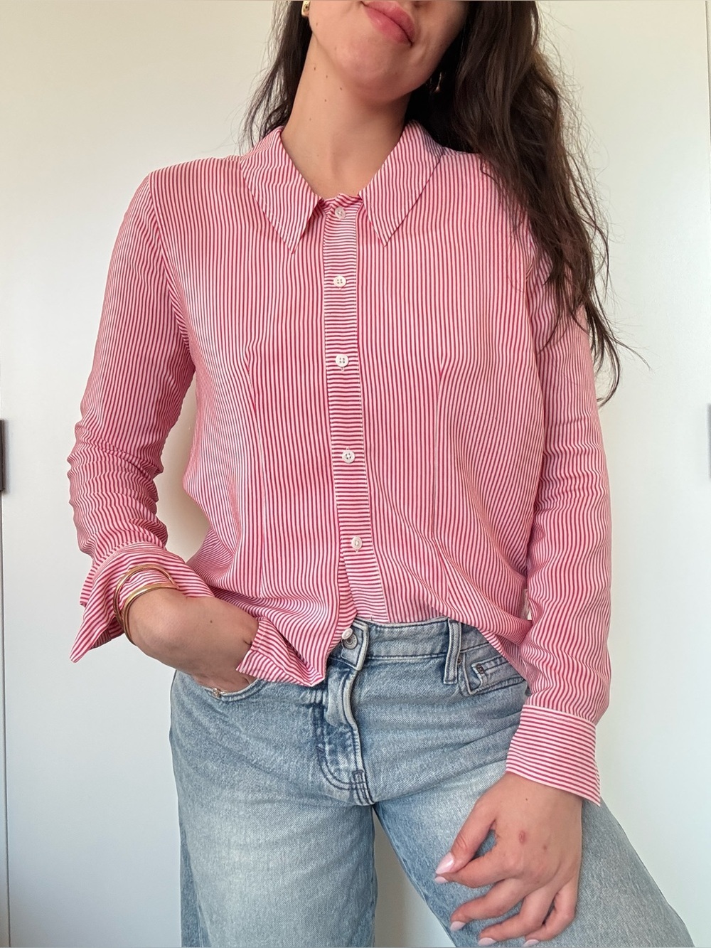 Equipment 100% silk Pink and White Striped Blouse sz S - Picture 13 of 14